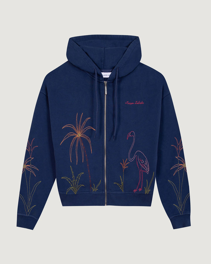 "Dos Flamingos" Zip Hoodie in Natural Cotton – Maison Labiche